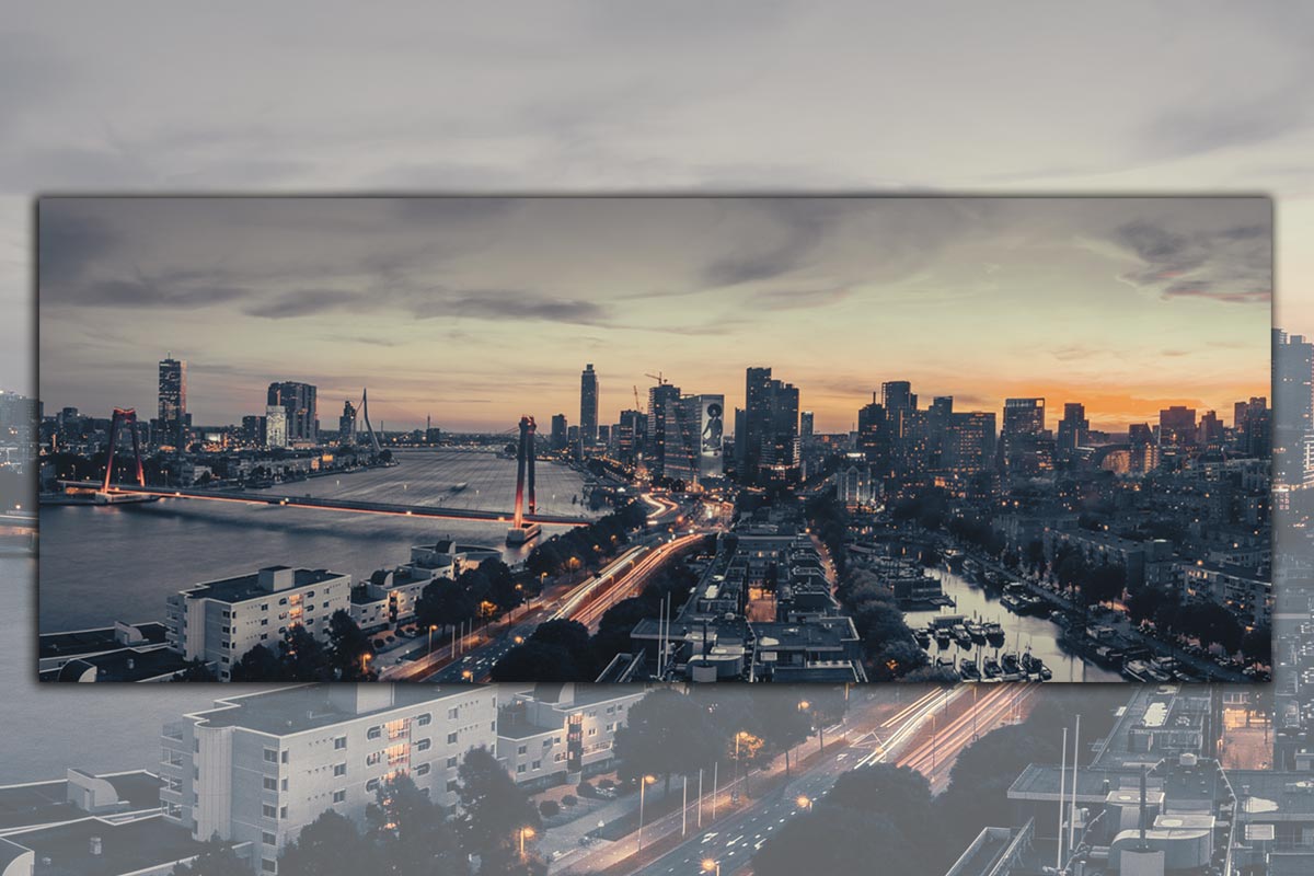 Skyline Rotterdam panorama by night - industrial edit